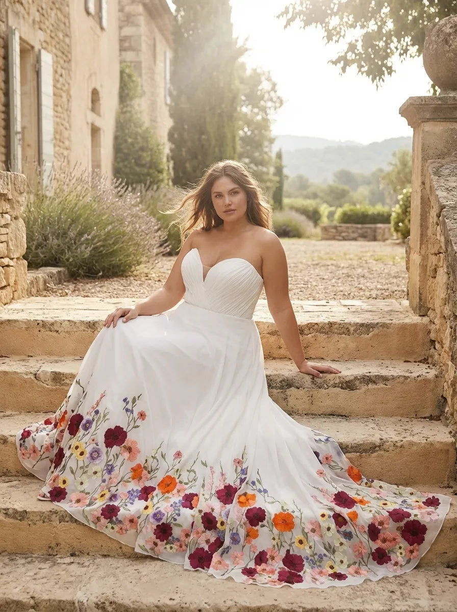 Romantic A-Line Strapless Sweetheart Maxi Floral Wedding Dress