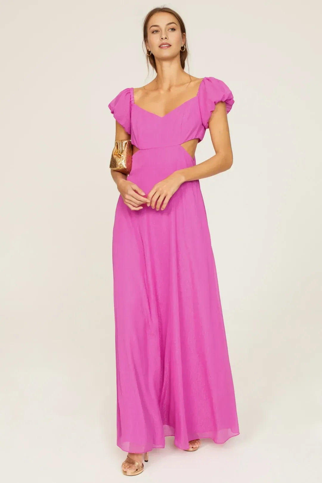 Romantic A Line Sweetheart Neck Puff Sleeve Cutout Waist Floor Length Plus Size Prom Dress