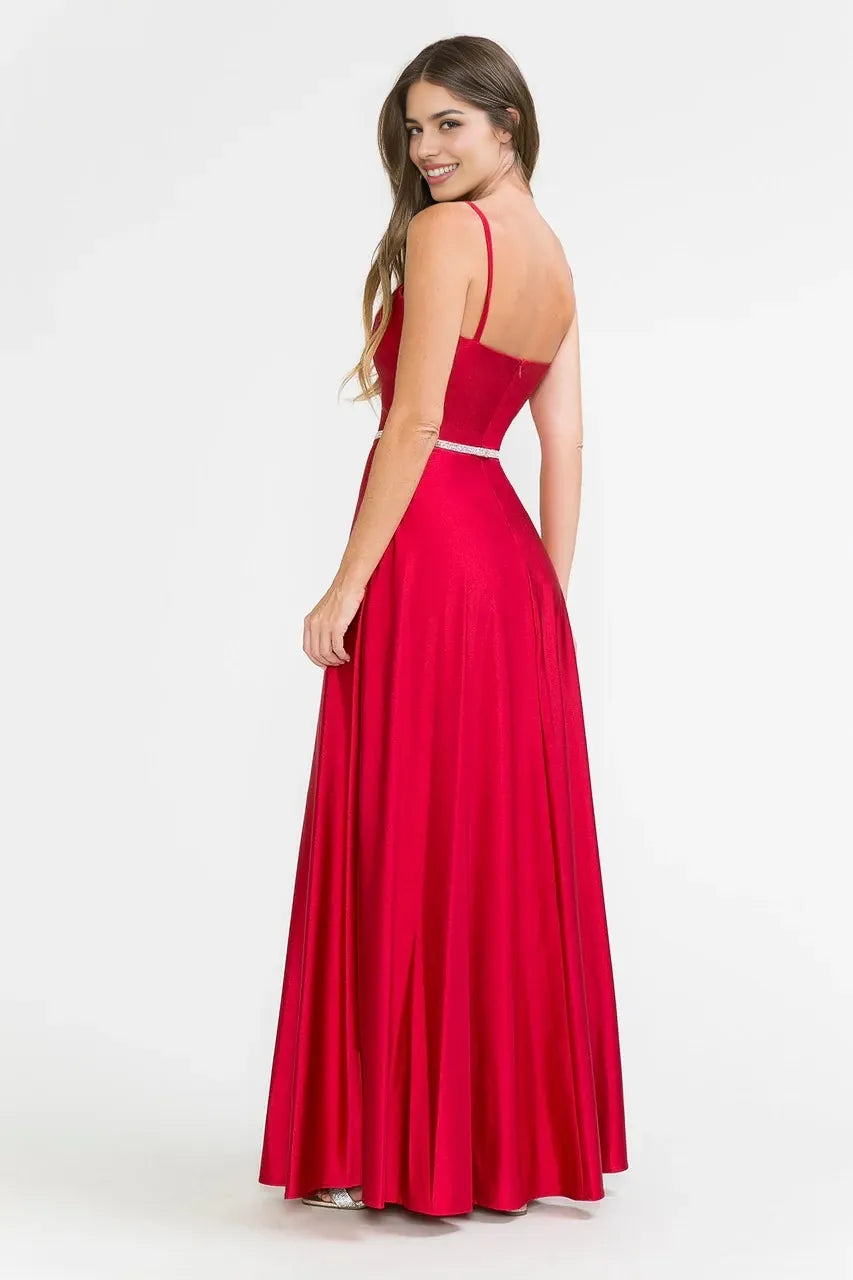 Romantic A-Line Sweetheart Neck Spaghetti Strap Low Back Rhinestone Belt Floor Length Evening Dress
