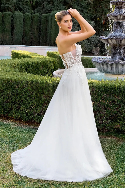 Romantic A-Line Sweetheart Neck Strapless Lace Up Back Train Length Wedding Dress