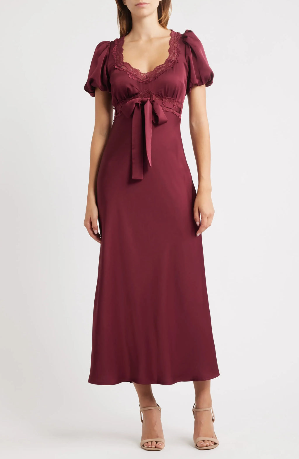 Romantic A Line Sweetheart Puff Short Sleeve Lace Trimmed Back Midi Evening Dress