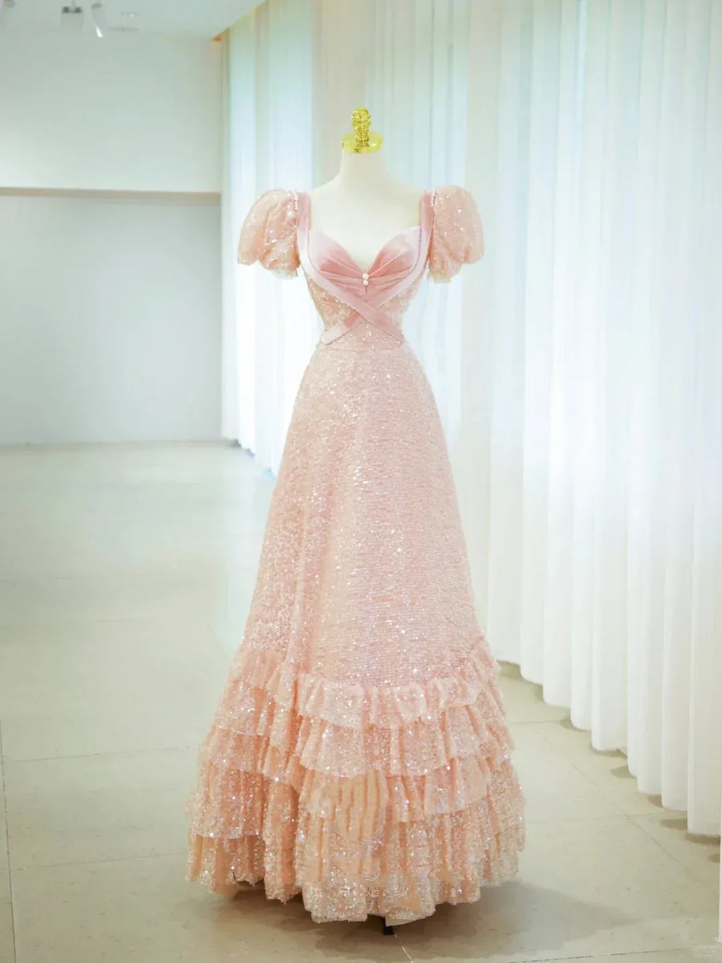 Romantic A-Line Sweetheart Puff Sleeve Tiered Ruffle Floor Length Evening Dress