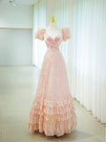 Romantic A-Line Sweetheart Puff Sleeve Tiered Ruffle Floor Length Evening Dress