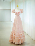 Romantic A-Line Sweetheart Puff Sleeve Tiered Ruffle Floor Length Evening Dress