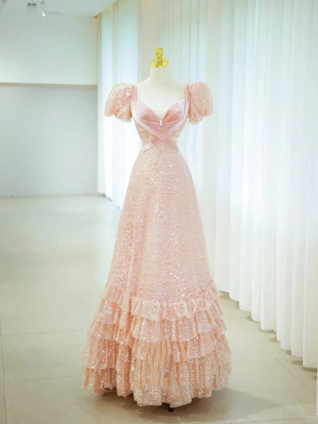 Romantic A-Line Sweetheart Puff Sleeve Tiered Ruffle Floor Length Evening Dress