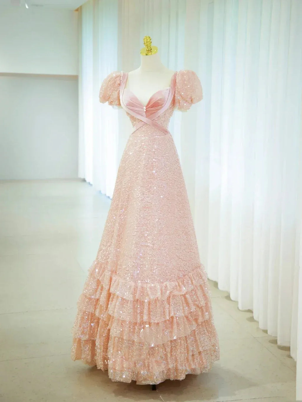 Romantic A-Line Sweetheart Puff Sleeve Tiered Ruffle Floor Length Evening Dress