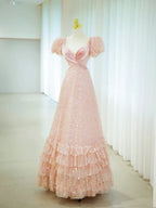 Romantic A-Line Sweetheart Puff Sleeve Tiered Ruffle Floor Length Evening Dress