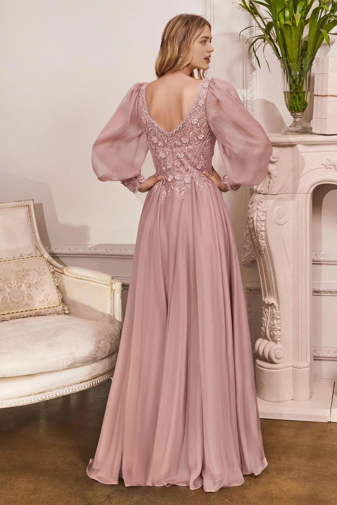Romantic A-Line V-Neck Bishop Sleeve Open Back Floor Length Prom Dress