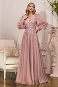 Romantic A-Line V-Neck Bishop Sleeve Open Back Floor Length Prom Dress