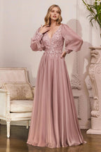 Romantic A-Line V-Neck Bishop Sleeve Open Back Floor Length Prom Dress