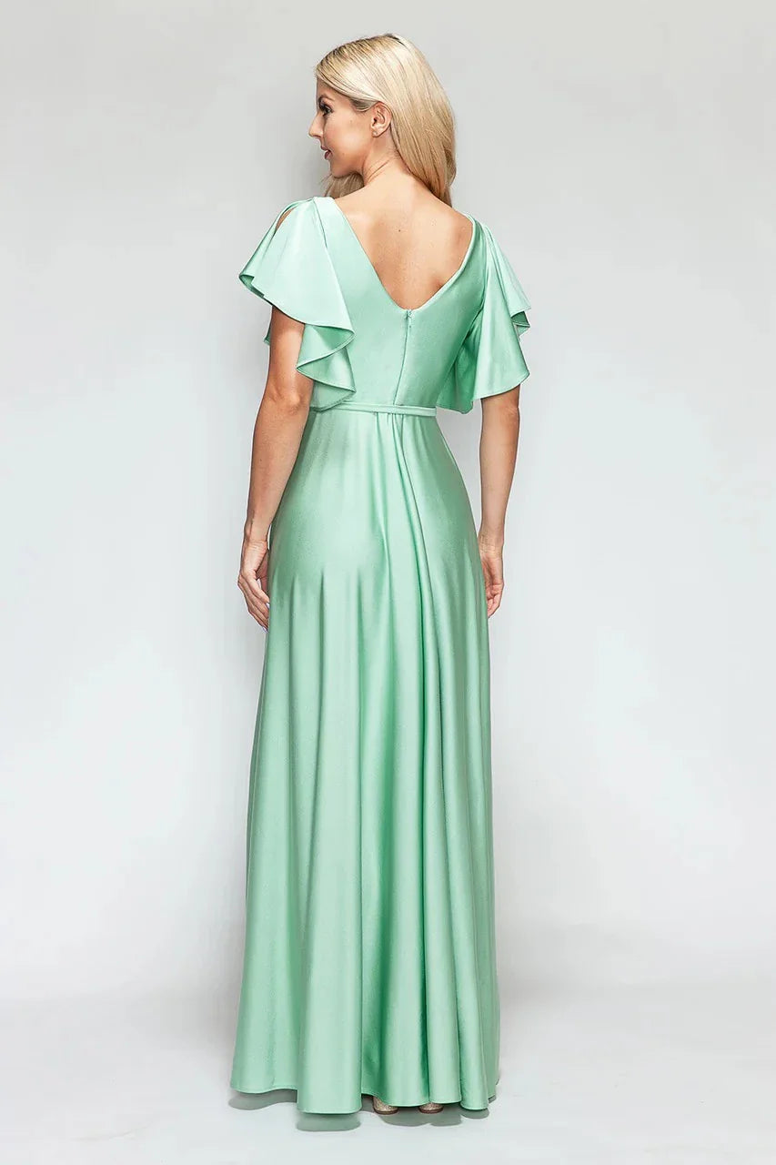 Romantic A-Line V Neck Ruffle Sleeve Low Back Tie Waist Floor Length Evening Dress