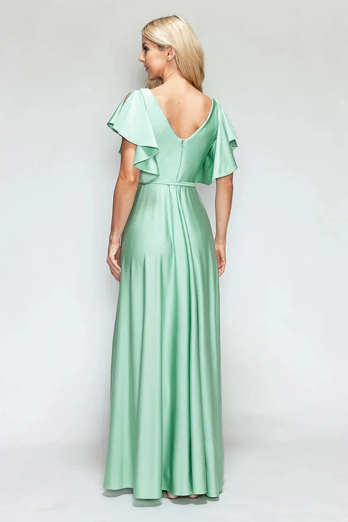 Romantic A-Line V Neck Ruffle Sleeve Low Back Tie Waist Floor Length Evening Dress