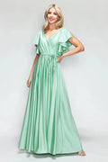 Romantic A-Line V Neck Ruffle Sleeve Low Back Tie Waist Floor Length Evening Dress