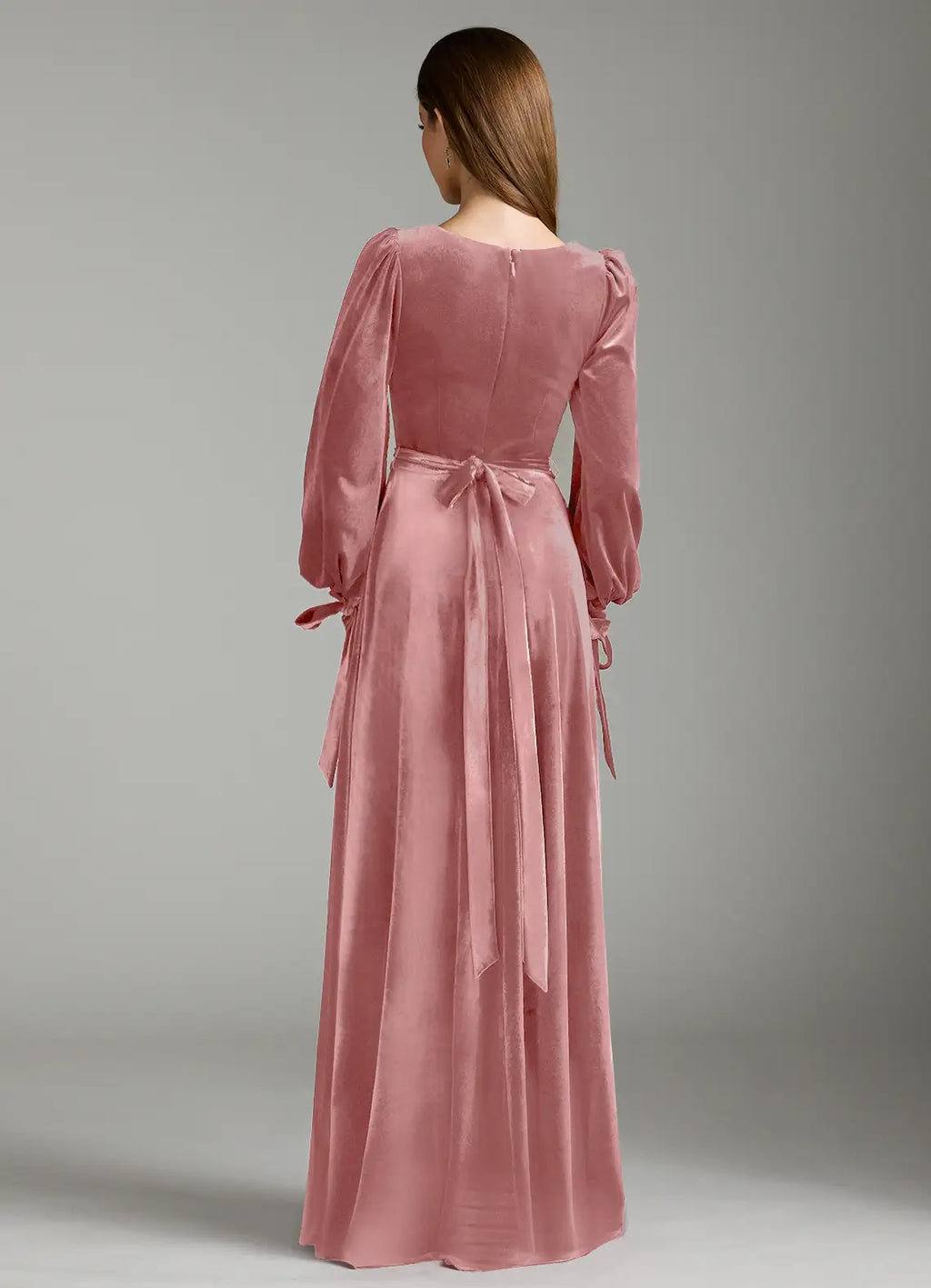 Romantic A-Line Velvet Square Neck Puff Sleeve Zipper Back Floor Length Bridesmaid Dress