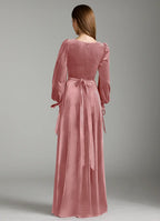 Romantic A-Line Velvet Square Neck Puff Sleeve Zipper Back Floor Length Bridesmaid Dress