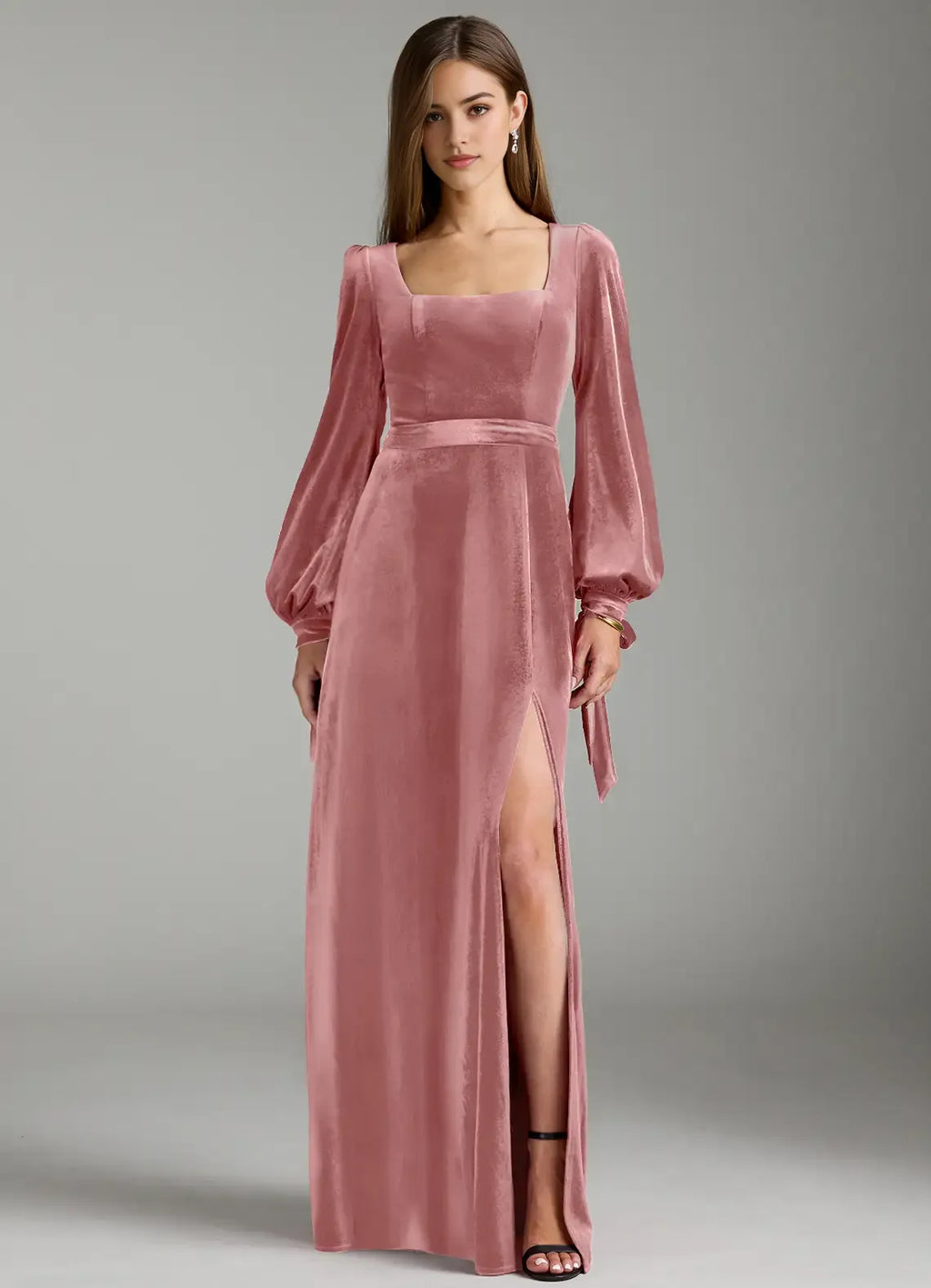 Romantic A-Line Velvet Square Neck Puff Sleeve Zipper Back Floor Length Bridesmaid Dress