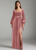 Romantic A-Line Velvet Square Neck Puff Sleeve Zipper Back Floor Length Bridesmaid Dress