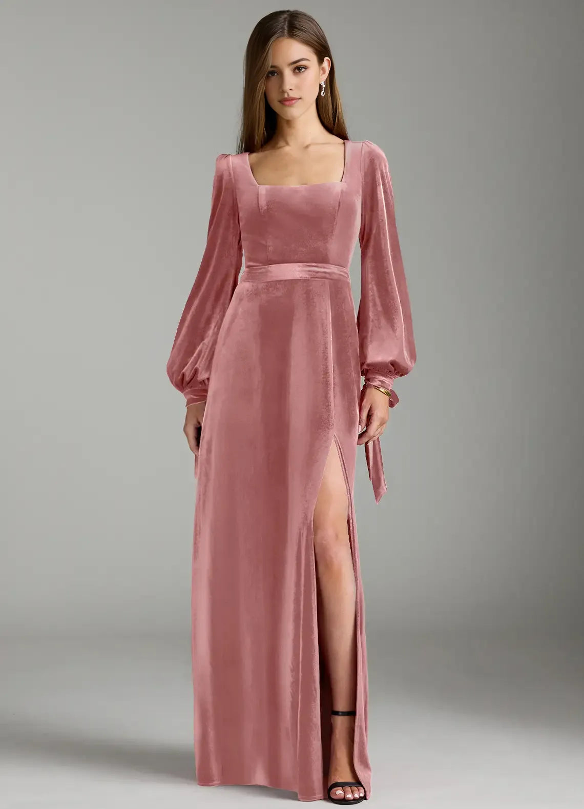 Romantic A-Line Velvet Square Neck Puff Sleeve Zipper Back Floor Length Bridesmaid Dress