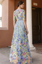 Romantic A-Line Round Neck 3/4 Sleeve Maxi Floral Dress