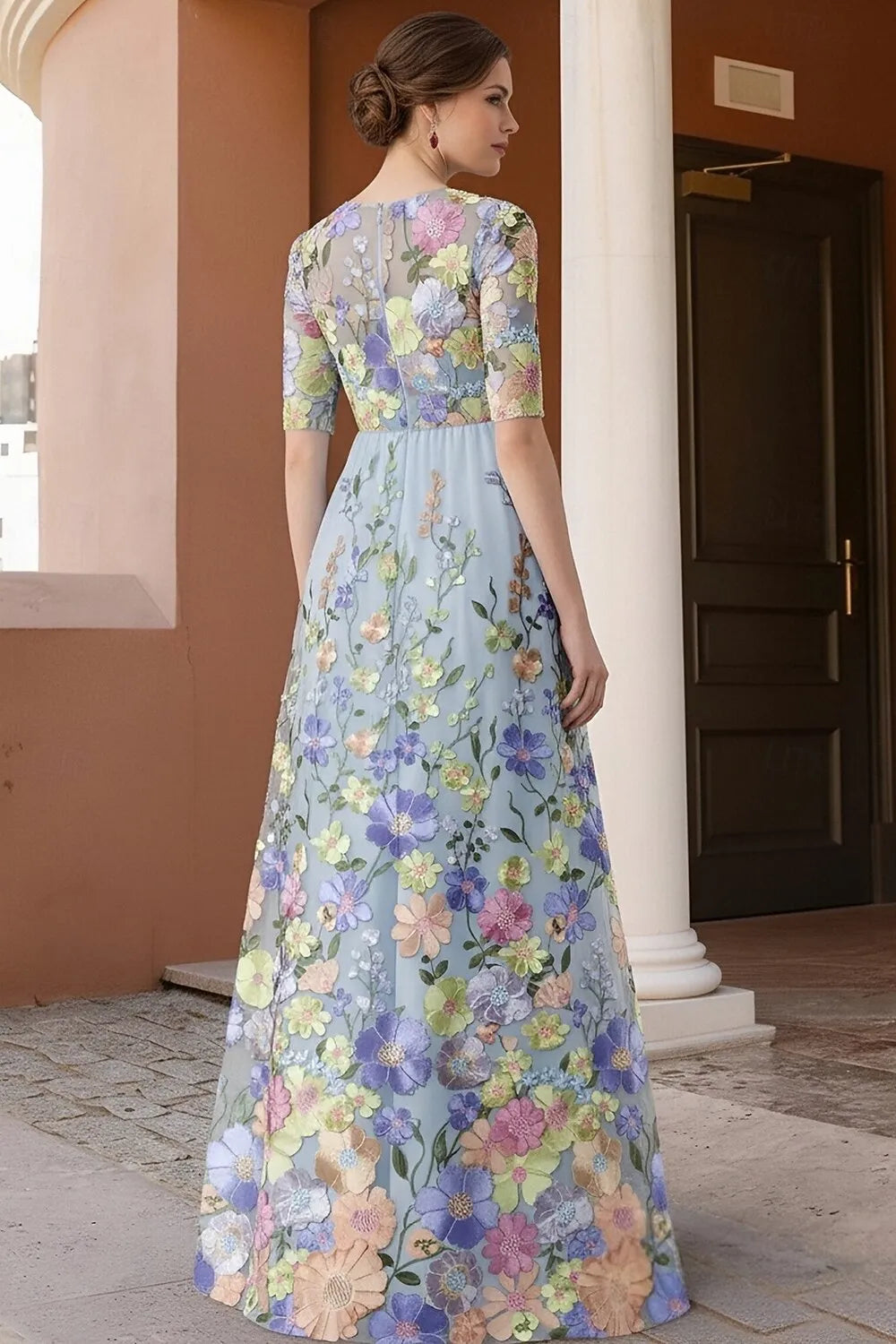 Romantic A-Line Round Neck 3/4 Sleeve Maxi Floral Dress