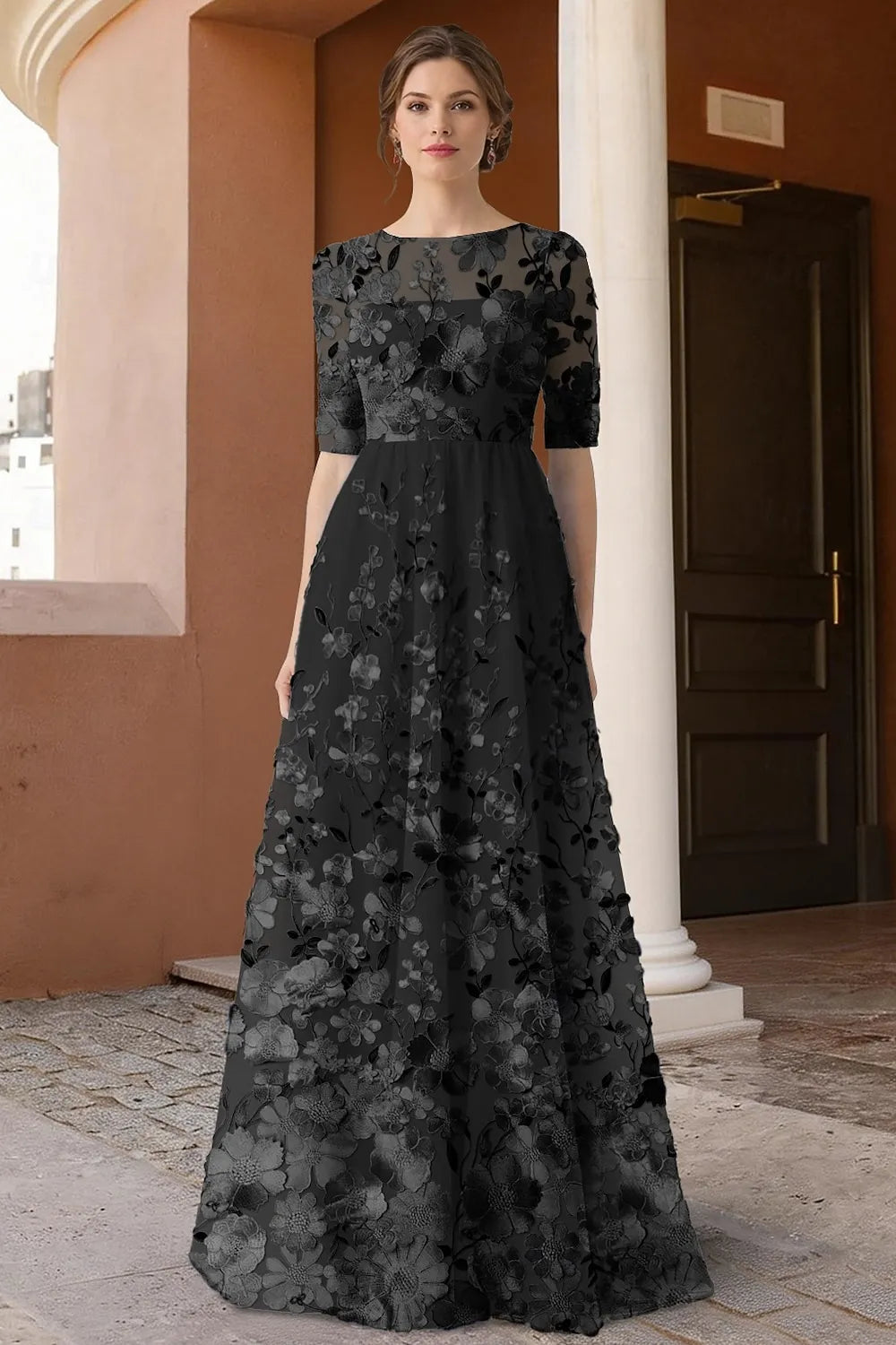 Romantic A-Line Round Neck 3/4 Sleeve Maxi Floral Dress