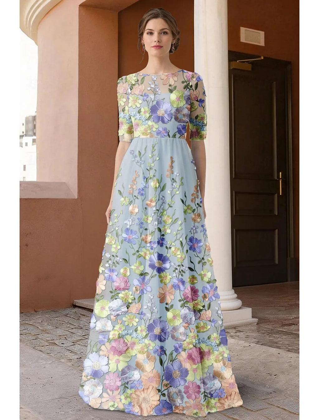 Romantic A-Line Round Neck 3/4 Sleeve Maxi Floral Dress