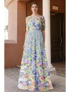 Romantic A-Line Round Neck 3/4 Sleeve Maxi Floral Dress