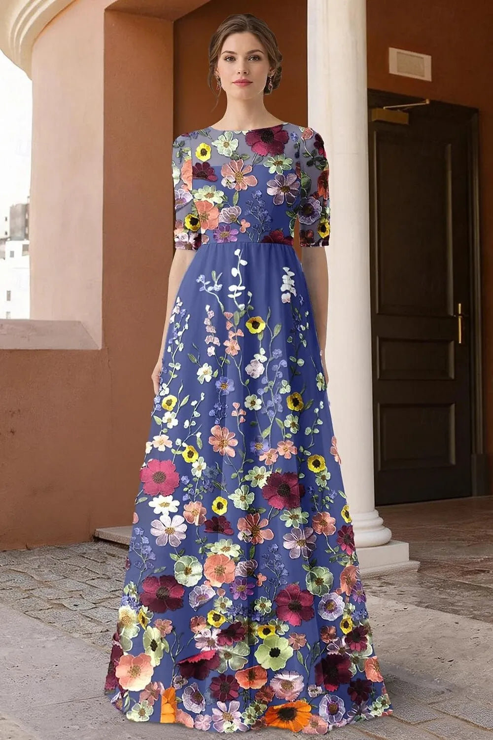 Romantic A-Line Round Neck 3/4 Sleeve Maxi Floral Dress