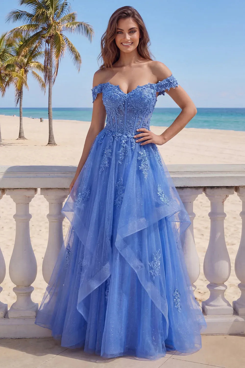 Romantic Ball Gown Off Shoulder Short Sleeve Maxi Prom Dress