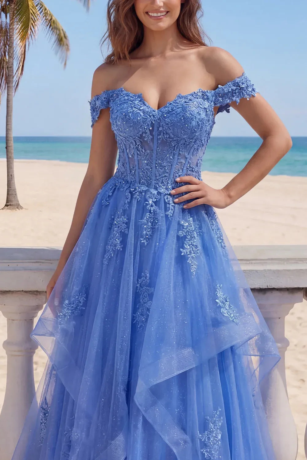 Romantic Ball Gown Off Shoulder Short Sleeve Maxi Prom Dress
