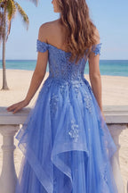 Romantic Ball Gown Off Shoulder Short Sleeve Maxi Prom Dress