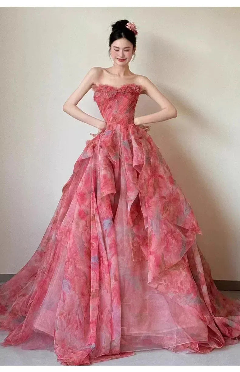 Romantic Ball Gown Strapless Sleeveless Zipper Back Floor-Length Floral Formal Evening Dress