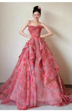 Romantic Ball Gown Strapless Sleeveless Zipper Back Floor-Length Floral Formal Evening Dress