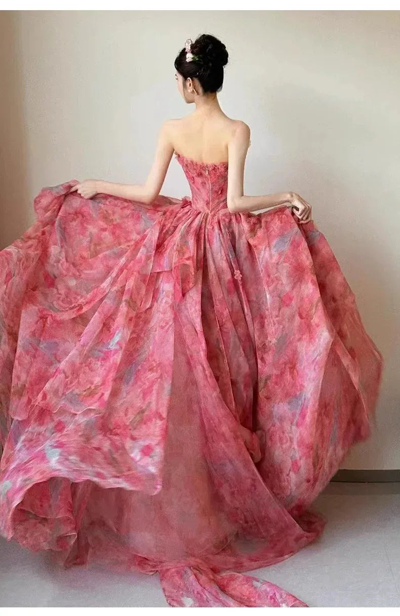 Romantic Ball Gown Strapless Sleeveless Zipper Back Floor-Length Floral Formal Evening Dress