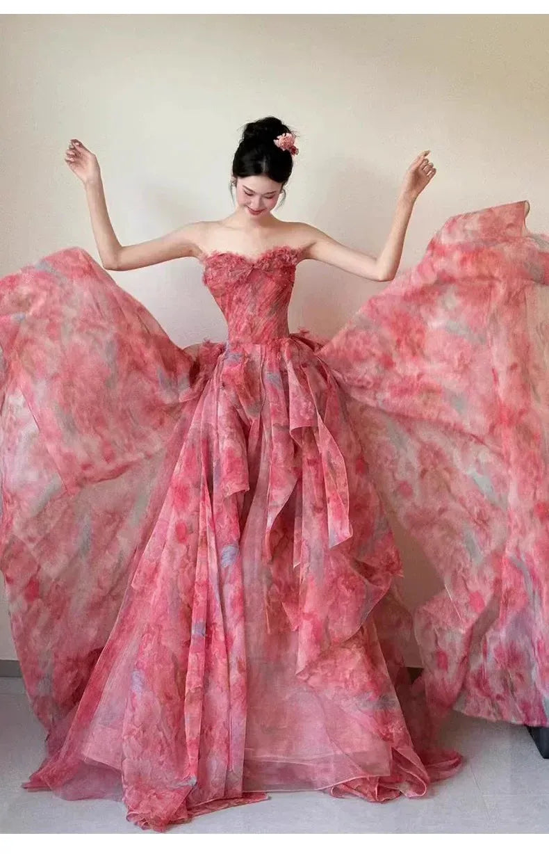 Romantic Ball Gown Strapless Sleeveless Zipper Back Floor-Length Floral Formal Evening Dress