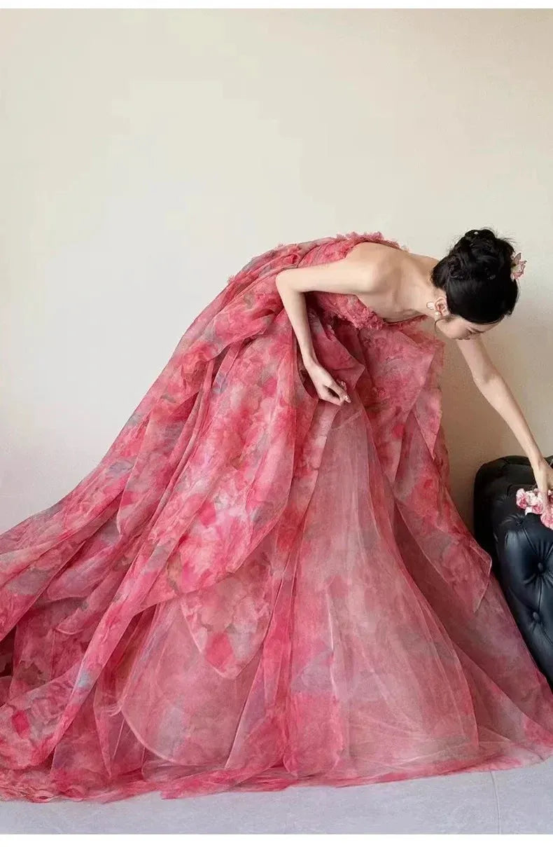 Romantic Ball Gown Strapless Sleeveless Zipper Back Floor-Length Floral Formal Evening Dress