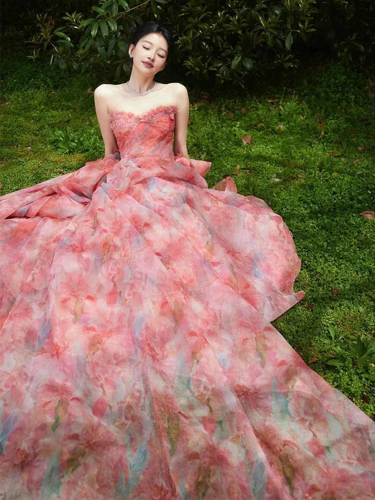 Romantic Ball Gown Strapless Sleeveless Zipper Back Floor-Length Floral Formal Evening Dress