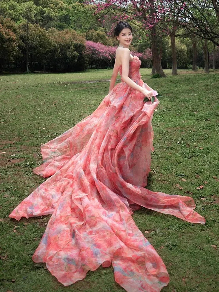 Romantic Ball Gown Strapless Sleeveless Zipper Back Floor-Length Floral Formal Evening Dress