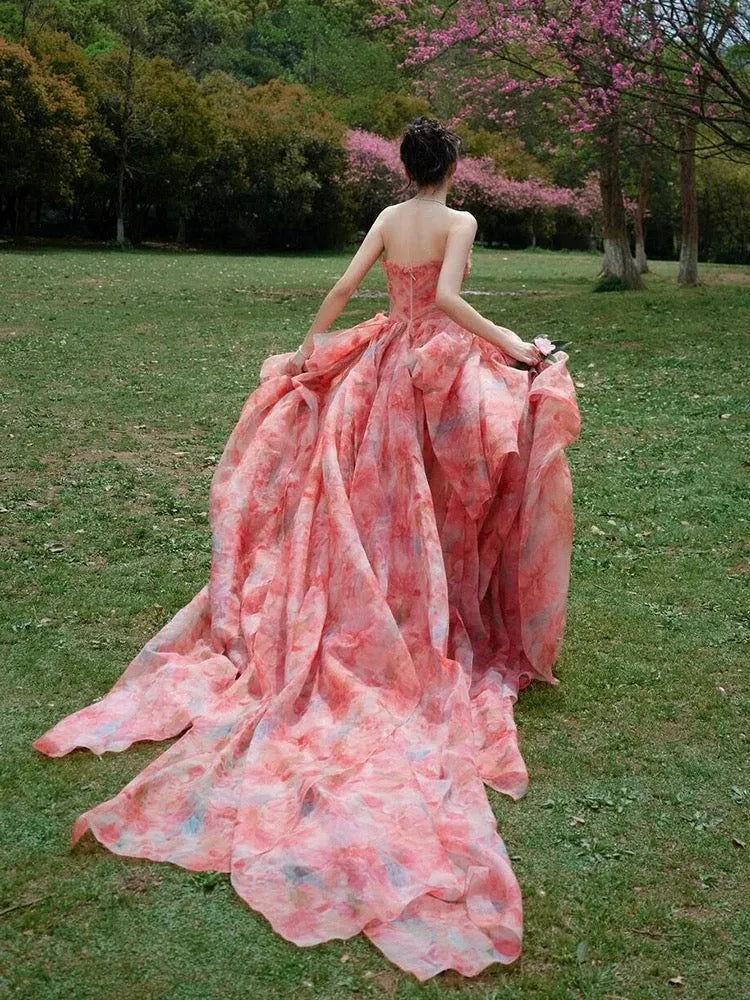 Romantic Ball Gown Strapless Sleeveless Zipper Back Floor-Length Floral Formal Evening Dress