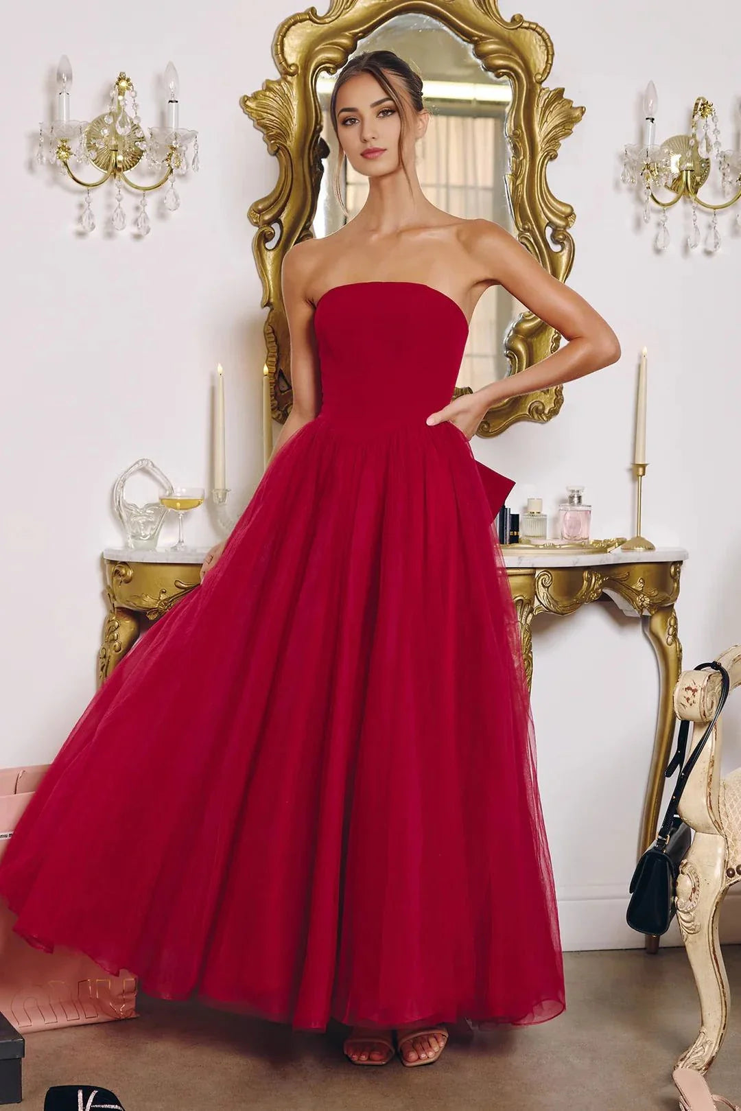 Romantic Ball Gown Sweetheart Strapless Bow Back Floor Length Prom Dress