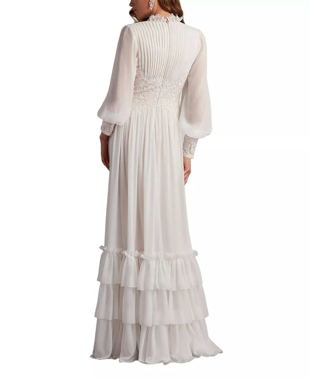 Romantic Ballgown V Neck Lace Trim Bell Sleeve Tiered Skirt Floor Length For Ladies Prom Dress