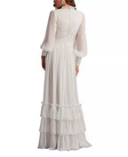 Romantic Ballgown V Neck Lace Trim Bell Sleeve Tiered Skirt Floor Length For Ladies Prom Dress