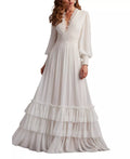 Romantic Ballgown V Neck Lace Trim Bell Sleeve Tiered Skirt Floor Length For Ladies Prom Dress