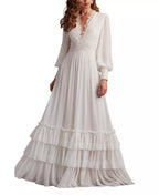 Romantic Ballgown V Neck Lace Trim Bell Sleeve Tiered Skirt Floor Length For Ladies Prom Dress