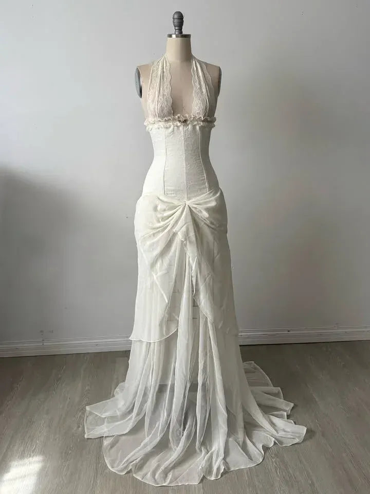 Romantic Halter Neck Corset Ruched Mermaid Maxi Dress with Train