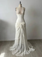 Romantic Halter Neck Corset Ruched Mermaid Maxi Dress with Train