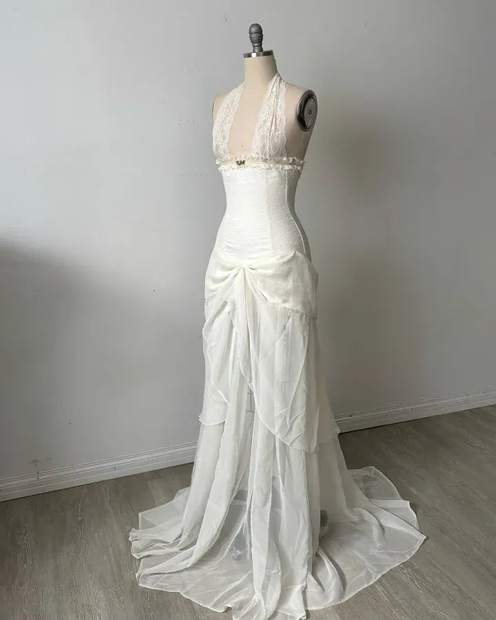 Romantic Halter Neck Corset Ruched Mermaid Maxi Dress with Train