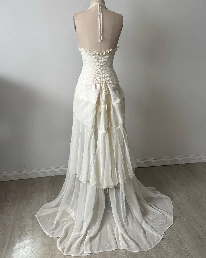 Romantic Halter Neck Corset Ruched Mermaid Maxi Dress with Train