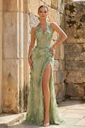 Romantic Halter V-Neck 3D Floral Beaded High Slit Mermaid Maxi Dress