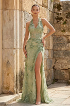 Romantic Halter V-Neck 3D Floral Beaded High Slit Mermaid Maxi Dress
